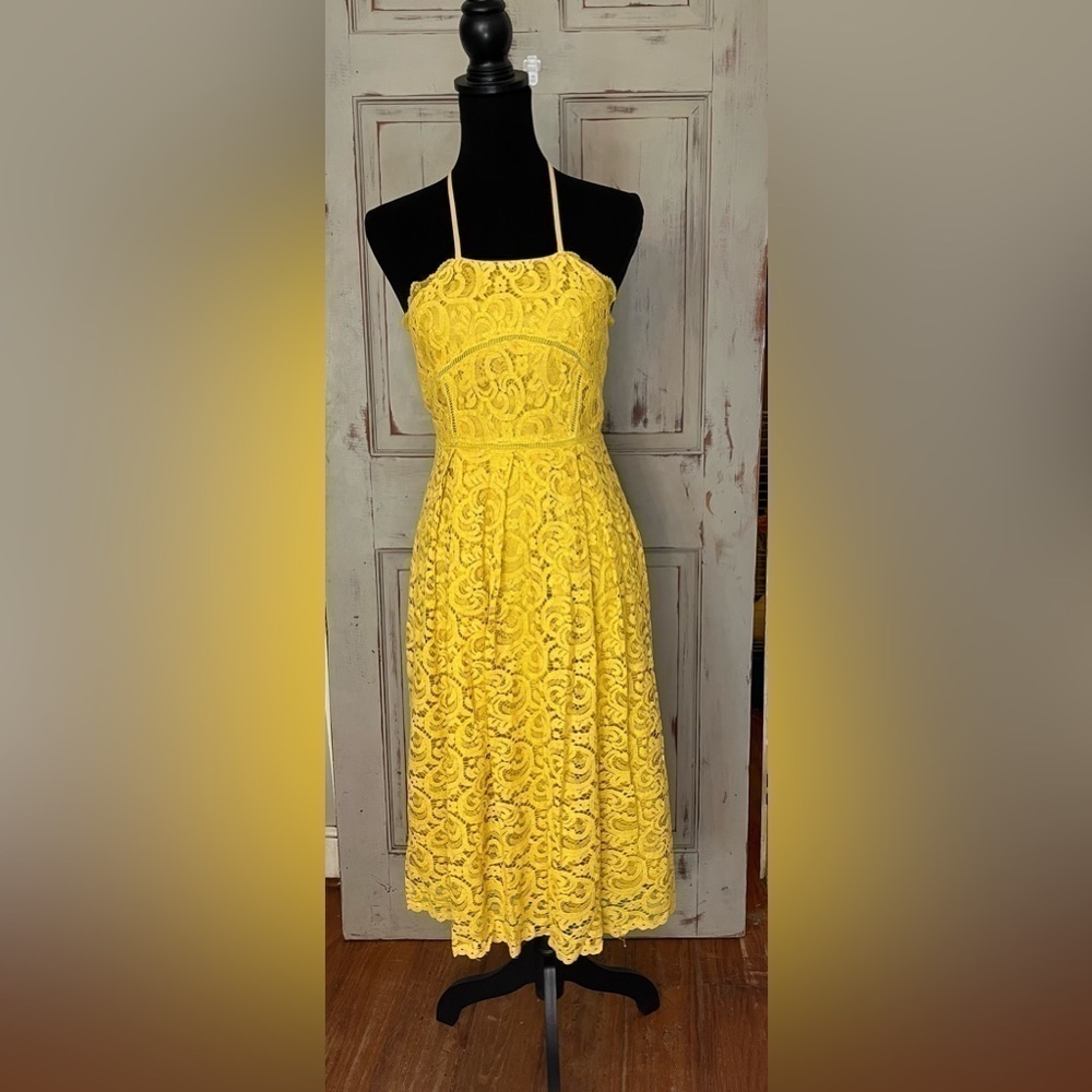 J.O.A. Golden Yellow Lace backless halter midi dress S - Picture 2 of 9